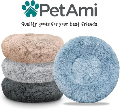 PetAmi Calming Dog Bed for Small Medium Dog Cat, Round Donut Dog Bed Washable, Fluffy Faux Fur Plush Cuddler Pet Kitten Cushion Bed, Anti-Slip, Fits up to 45 lbs, 30 inch, Taupe
