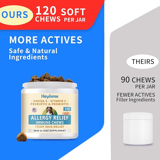Dog Allergy Relief Chews, Itch Relief, Probiotics for Dogs, Omega-3 Fish Oil, Seasonal Allergy and Itchy Skin Treatment, Immune Support Supplement (120 Chews, Chicken)