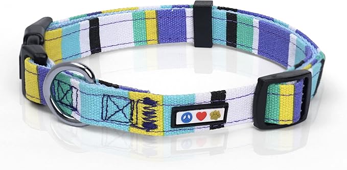 Pawtitas Pet Soft Adjustable Solid Color Nylon Puppy/Dog Collar Personalized Customizable Dog Collar Embroidered Customize w Pet Name & Phone Number Small Teal/White/Yellow