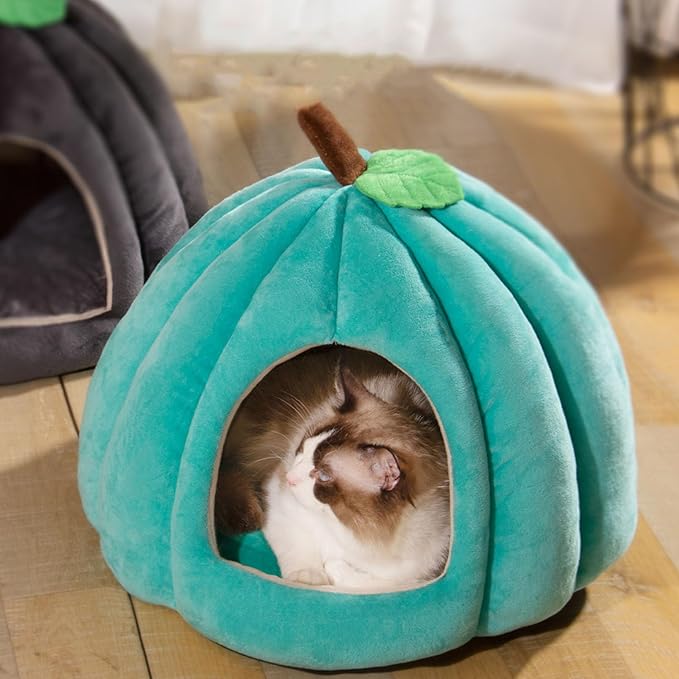 Pumpkin Cat Bed Halloween Pet Bed, Cute Pumpkin Shaped Cat Sleeping Tent Cave House with Removable Washable Cushion Non-Slip Bottom for Kitten Small Dogs (Blue,Within 8.8lb)