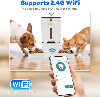 TYM Dual Automatic Cat Feeder 2 Cats, 7L Timed Cat Food Dispenser for Multiple Pets, Double Auto Dog Feeder with Slow Feed, WiFi Programmable Feeders Smart App Control, Steel Double Bowls Easy Clean