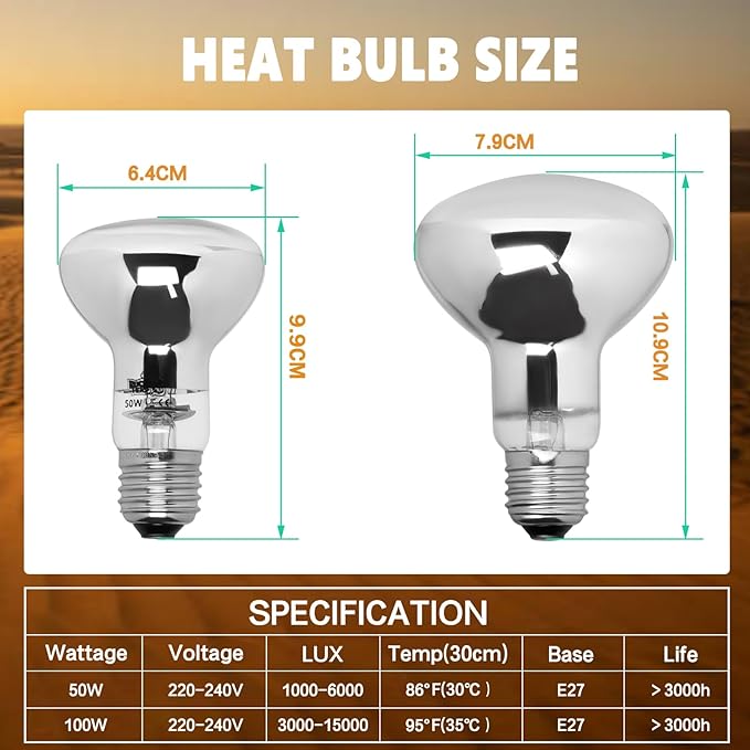 LUCKY HERP Heat Lamp Bulbs, UVA Intense Basking Spot Light Reptile Heat Lamp(Clear) 50W, Simulated Natural Sunlight Heat Lamp Bulbs for Reptile, Bearded Dragon, Amphibian, Turtle, Snake, Lizard