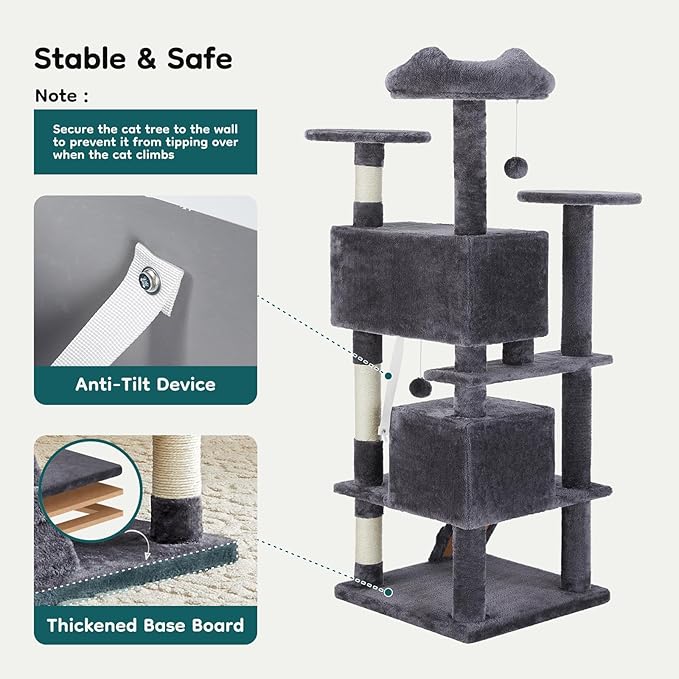 DUMOS 54-inch Indoor Cat Tree Tower –Multi-Level Pet House for Large Cats with 2 Condos, Scratching Posts, Round Platform, Small Ladder, and Toys – Perfect for Cats of All Ages, Dark Grey