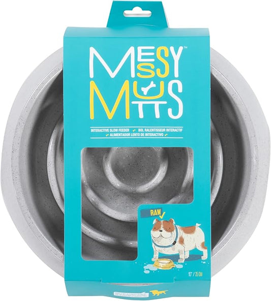 Messy Mutts and Cats Interactive Slow Feeder | Speckled Grey (3 Cup) | 9.8” Round Durable Puzzle Slow Feeder for Dogs/Cats | Enrichment Food Dish for Slow Eating, Bloating