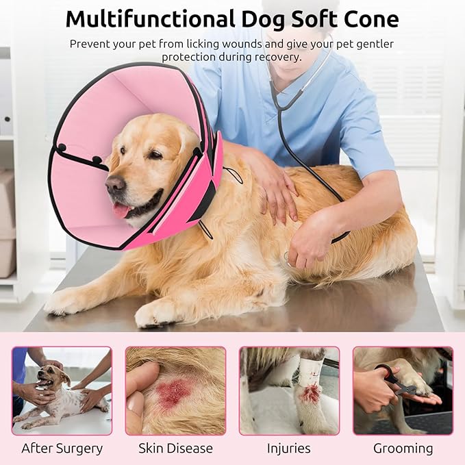 Queenmore Dog Cones for Large Dogs, Soft Dog Cone for Large Breeds, Cone for Dogs After Surgery, Adjustable Elizabethan Collar for Pet to Prevent Licking Wounds, Pink L