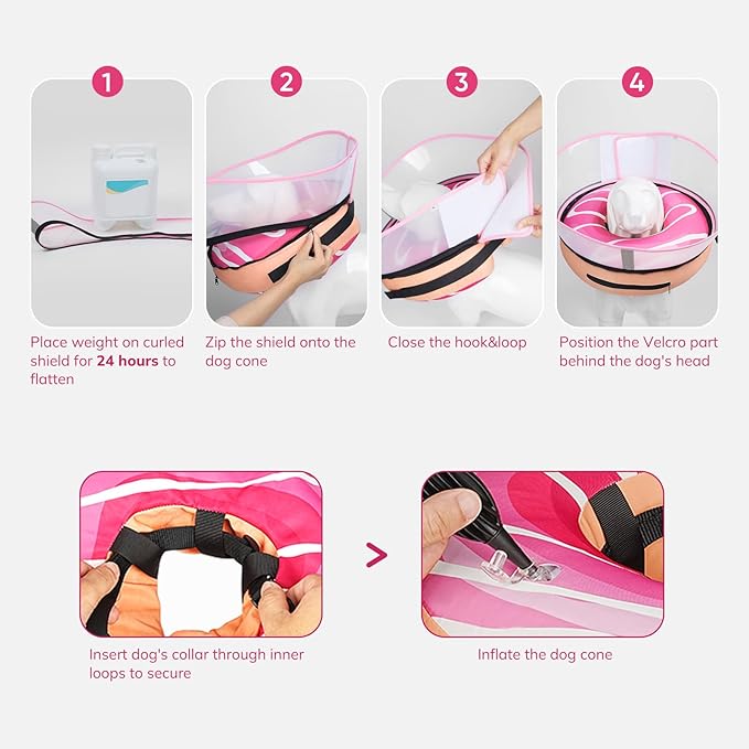 Raised Inflatable Dog Cone After Surgery - Adjustable Recovery Donut Collar with Neck Strap and Removable Anti-Licking Shield - Soft Dog Cone Alternative for Small Medium Large Dogs (DonutPink,XXL)