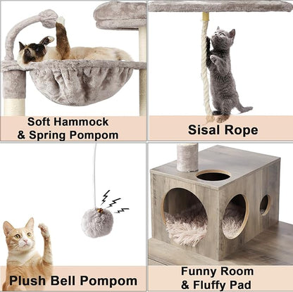 Cat Tree with Litter Box Enclosure, 2-in-1 Cat Tower for Indoor Cats, Large Wood Cat Condo with Basket, Scratching Posts, Pompoms, Grey