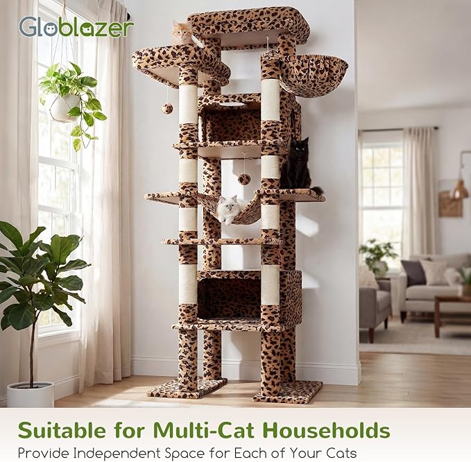 Globlazer XXL Giant Cat Tree, 83 Inch Heavy Duty Tall Cat Tower for Indoor Cats Large Adult, Multi-Level Large Cat Condo with 8 Scratching Posts, Hammock, 2 Cat Caves, 2 Platform, F83B, Leopard Print