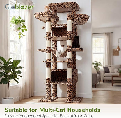 Globlazer XXL Giant Cat Tree, 83 Inch Heavy Duty Tall Cat Tower for Indoor Cats Large Adult, Multi-Level Large Cat Condo with 8 Scratching Posts, Hammock, 2 Cat Caves, 2 Platform, F83B, Leopard Print