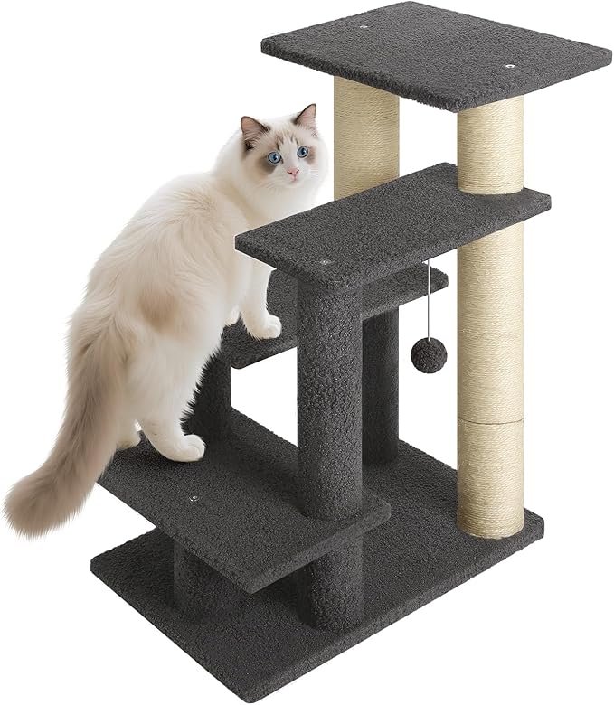 4-Step Pet Steps for Cats/Dogs, Cat Stairs with Sisal Scratching Post, Cat Steps for Older Cats with Enlarge Perch, Pet Stairs for High Bed and Couch, Gray