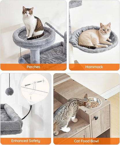 HOOBRO Cat Tree with Litter Box Enclosure, 68.9" H Cat Tower with Food Bowl and Storage, Hidden Litter Enclosure Furniture, All-in-One Modern Cat Condo, with House, Hammock and Perch, Greige BG80MZ03