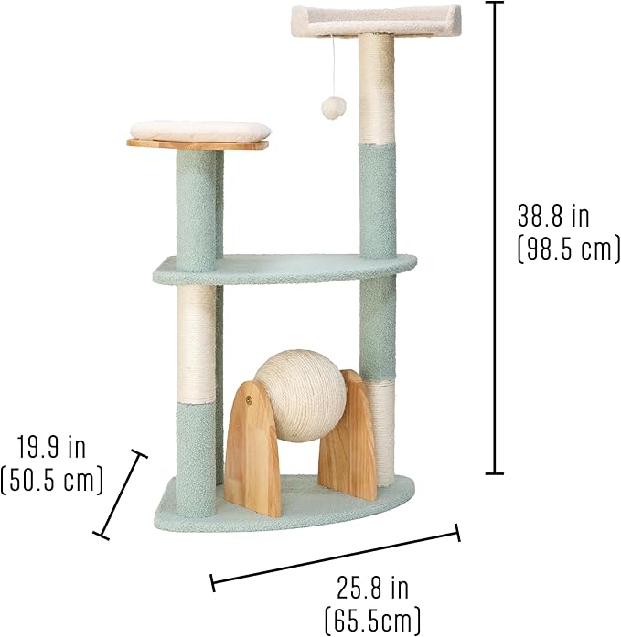 Kitty City Triple Perch Wooden Cat Tower with Scratching Posts & Hanging Toys, Modern Multi-Level Indoor Cat Furniture with Sherpa Beds