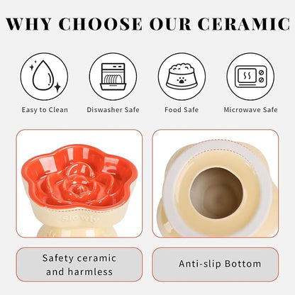 S&Q's CERAMICS Raised Slow Feeder Cat Bowl, Ceramic Glass Elevated Pet Food Bowl Small Dogs Slow Feeder, Flower Shaped Cute Dish for Dry and Wet Food (Orange, 5.8")