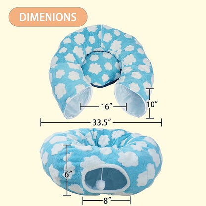Cat Tunnel Bed for Indoor Cats, Plush Washable Cushion Peekaboo Play Space for Kittens, Puppies, Rabbits, Multifunctional Collapsible Design, Soft Collapsible Cat Cave with Central Mat (Blue)