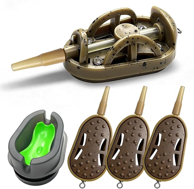 YOTO Carp Fishing Method Feeders Set - 3 Pcs Inline Baiting Tool & Groundbait Sinker Cages with Easy-Press Compactor | Professional Carp Fishing Equipment for Coarse Fishing & Efficient Baiting