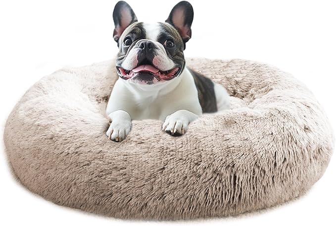 JOLLYVOGUE Small Dog & Cat Beds for Indoor Cats, Donut Cuddler Warming Soft Dog Beds with Anti-Slip Bottom, Round Calming Fluffy Plush Faux Fur Cushion Bed for Small Dogs (23")