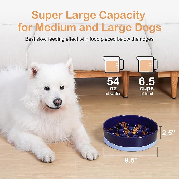 Sted Ceramic Slow Feeder Dog Bowl for Medium Large Breed, Puzzle Dog Food Bowl with Silicone Base, Maze Blue