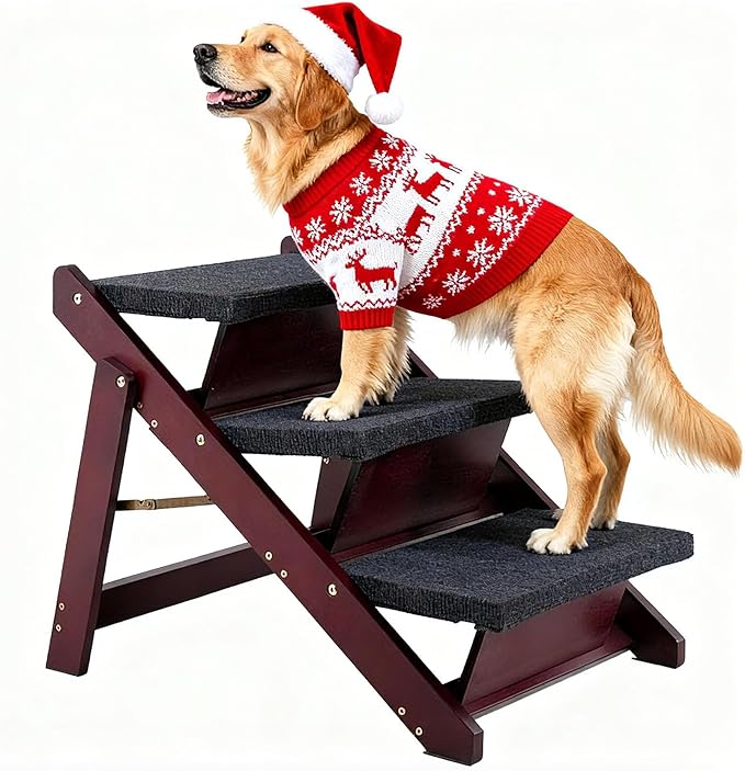 MEWANG Wooden Pet Stairs/Pet Steps - 3-in-1 Foldable Stairs & Ramp for Beds and Cars - Portable Dog/Cat Ladder Up to 220 Pounds - Great for Small and Older Animals(Brown) (24.8" L x 17.2" W x 19.5" H)