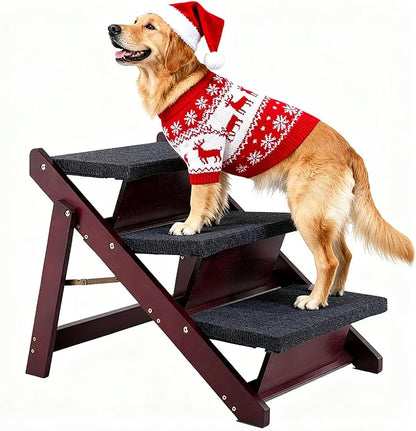 MEWANG Wooden Pet Stairs/Pet Steps - 3-in-1 Foldable Stairs & Ramp for Beds and Cars - Portable Dog/Cat Ladder Up to 220 Pounds - Great for Small and Older Animals(Brown) (24.8" L x 17.2" W x 19.5" H)