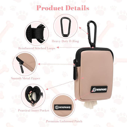Dog Treat Pouch with Training Clicker,Waterproof Nylon Fabric Poop Bag Holders for Leashes,Hands Free Small Dog Walking Bag with Carabiner, Pet Puppy Training Walking Essentials (Coffee)