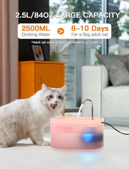 Cat Water Fountain, 84OZ/2.5L Cat Fountain, Super Silent Pet Water Fountain, Activated Carbon Filter, Translucent Pet Water Dispenser Suitable for Multiple Pets Family (Pink)