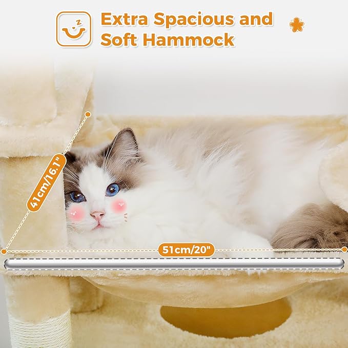 PAWZ Road Large Cat Tree, 72 Inches Cat Tower for Large Cats, Cat Condo with Sisal-Covered Scratching Posts and Pads, 2 Padded Perch, Dual Condo and Basket for Indoor Cats-Beige
