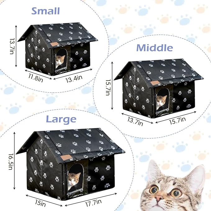 Fhiny Stray Cats Shelter, Waterproof Outdoor Cat House Foldable Warm Pet Cave for Winter Wild Animal Tent Bed Anti-Slip Kitten Cave for Feral Cat Dog Puppy Weatherproof Black (M:15.7"×13.7"×15.7")