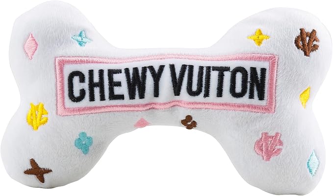 Haute Diggity Dog White Chewy Vuiton Bone, Plush Designer Dog Toys with Interactive Squeaker, Stimulating Pet Enrichment, Machine-Washable & Safe Materials for All Breeds, Size Large