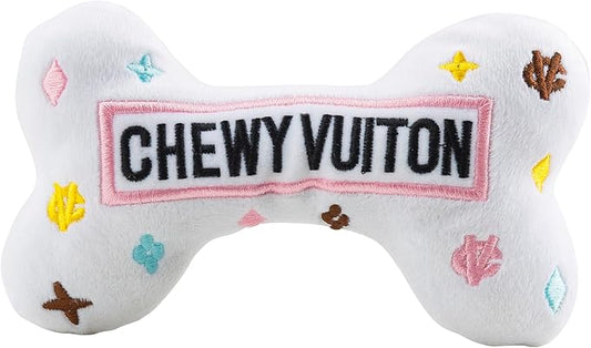 Haute Diggity Dog White Chewy Vuiton Bone, Plush Designer Dog Toys with Interactive Squeaker, Stimulating Pet Enrichment, Machine-Washable & Safe Materials for All Breeds, Size Large