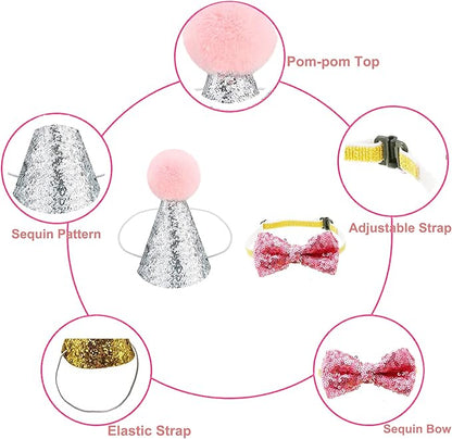Christmas Pet Party Jazz Hat and Blingbling Bow Tie Breakaway Collar Set, Adjustable Headband for Kitten Puppy Small Dogs Cats (01 Pink)