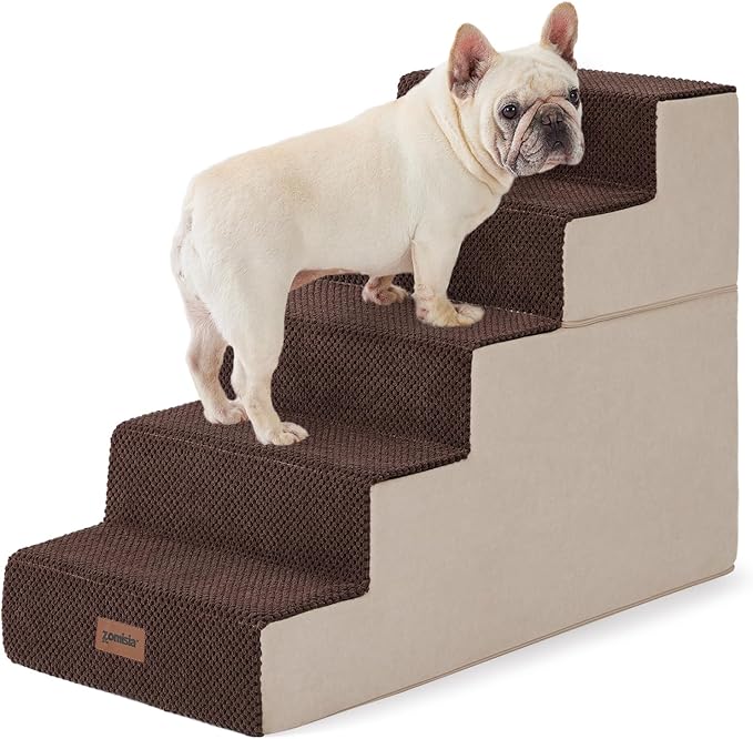 Dog Steps for High Beds - Dog Stairs 2 in 1 with Zippers Suitable for Small Dogs, Foam Pet Stairs with Non Slip Bottom Grey 5 Steps, Brown
