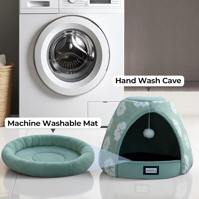 BALANCE Cat Beds for Indoor Cats, 2-in-1 Cat Bed Cave with Anti-Slip Bottom and Ultra-Soft Plush, Cozy Cats House Tent for Kittens and Small Dogs, 19 Inches, Green