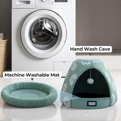 BALANCE Cat Beds for Indoor Cats, 2-in-1 Cat Bed Cave with Anti-Slip Bottom and Ultra-Soft Plush, Cozy Cats House Tent for Kittens and Small Dogs, 21 Inches, Green