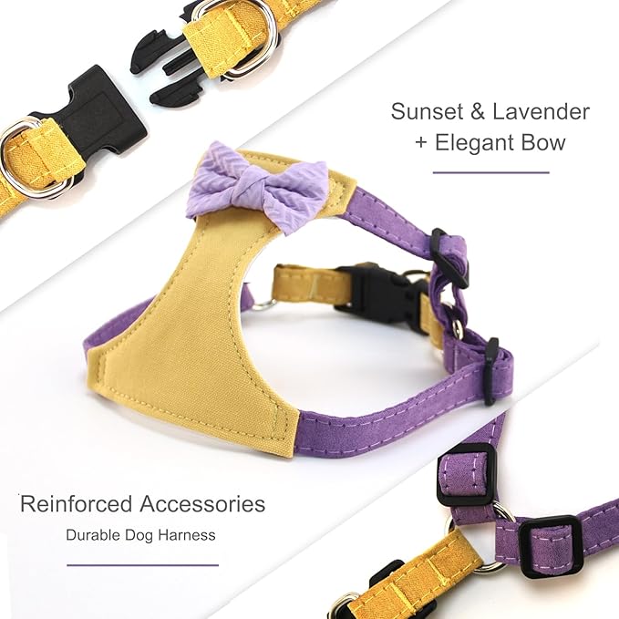 Small Dog Harness with Leash and Bow Tie, Cute Breathable Puppy Harness Easy for Walking, No Pull No Choke Escape Proof Pet Harness, Yellow & Purple XS