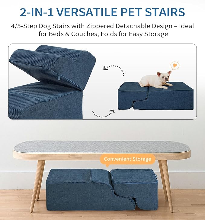 Made4Pets Dog Stairs Ramp for Bed 19.7" H, 4-Step Dog Steps for High Bed Couch Sofa Climbing, 35D Foam Pet Steps for Small Dogs and Cats, Non-Slip Bottom Pet Stairs, Navy