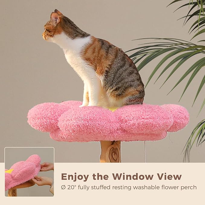 Wood Cat Tree with Flower Perch, 53.5" Modern Cat Tower w/Natural Solid Wood Scratching Post (φ3.8in), Large Heavy Duty Forest Cat Tree Furniture w/2 Condos for Indoor & Multi-Cat Household