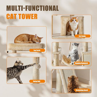 Large Cat Tree 63 Inch, Multi-Level Tall Cat Tree Tower with Condo, Perch, Sisal Scratching Posts Board and Hammock, Pet Play House with Dangling Balls for Indoor Cats, Beige