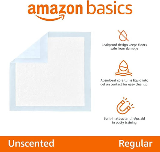 Amazon Basics Dog and Puppy Pee Pads, 5-Layer Leak-Proof Super Absorbent, Quick-Dry Surface, Potty Training, Regular (22x22"), 150 Count, Blue & White