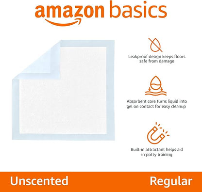 Amazon Basics Dog and Puppy Pee Pads, 5-Layer Leak-Proof Super Absorbent, Quick-Dry Surface, Potty Training, Regular (22x22"), 100 Count, Blue & White