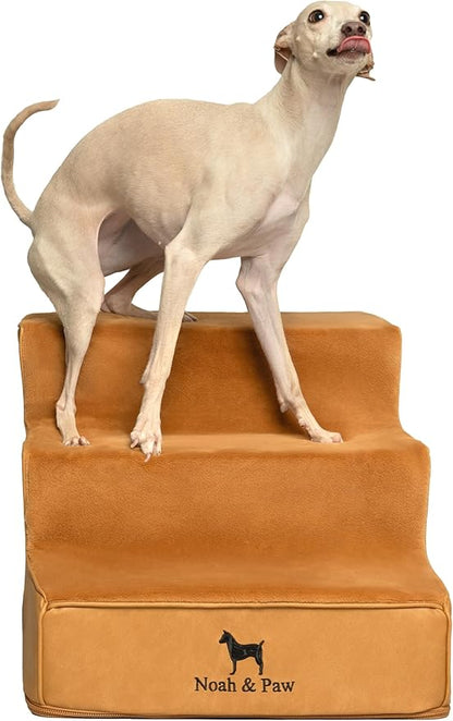 Noah & Paw Dog Stairs, Dog Ramp for Bed (16" Extra Wide) Pet Stairs for High Bed, Design to Fit Small and Large Breeds, Durable 3 Pet Steps for Couch (35 Foam Density) Leather Collection