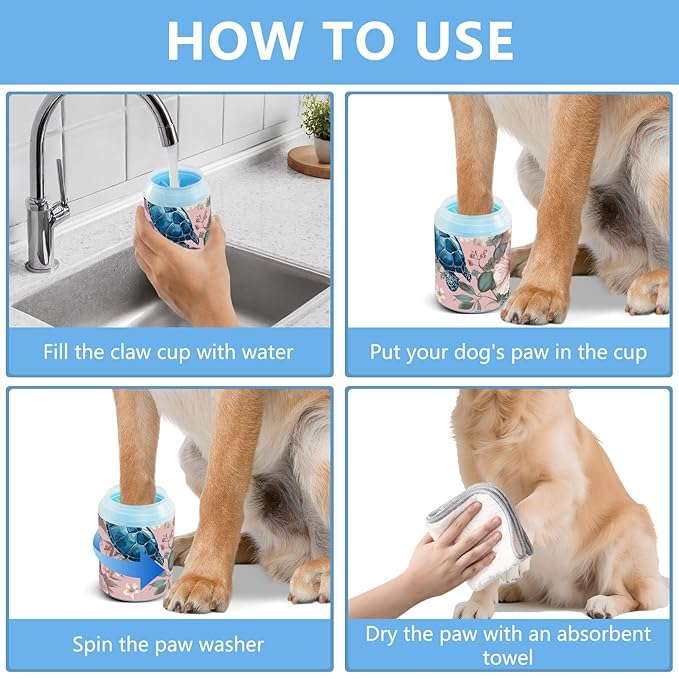 Dog Paw Cleaner Cups for Dogs Pets Foot Washer Paw Scrubber for Medium Small Dogs Cats Cleaning Cup Sea Turtles and Pink Hibiscus
