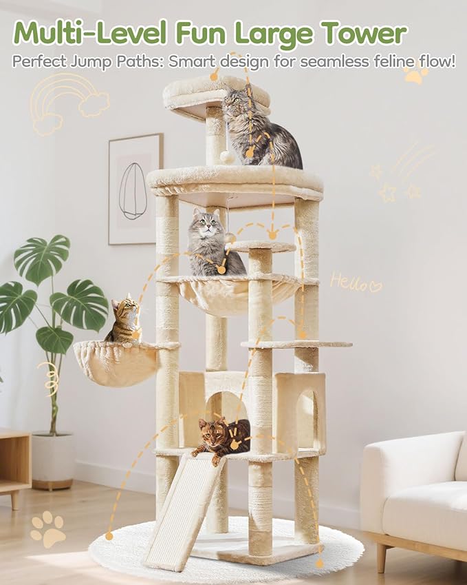 Taoqimiao 72 Inches Cat Tree for Large Cats, Multi-Level Tall Cat Tower, Widened Cat Condo with Large Scratch Board, 5 Scratching Posts, Metal Hammcock, Cozy Basket, Beige, MS045M