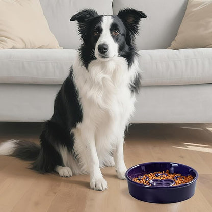 Ceramic Slow Feeder Dog Bowl, 4-Cup Anti-Slip Puzzle Feeder for Medium/Large Dogs, Indoor/Outdoor Pet Bowl for Fast Eaters - Purple（Love）
