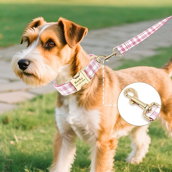 Custom Personalized Dog Collars with Pet Name/Phone Number Engraved Gold Metal Buckle - Soft Adjustable Collar for Small Medium Large Dogs (Plaid)