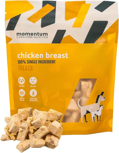 Momentum Carnivore Nutrition Freeze-Dried Chicken Breast Dog Treats & Cat Treats – Single-Ingredient, High-Protein, Grain-Free, Lean & Easily Digestible – Made in USA – 3 oz Bag