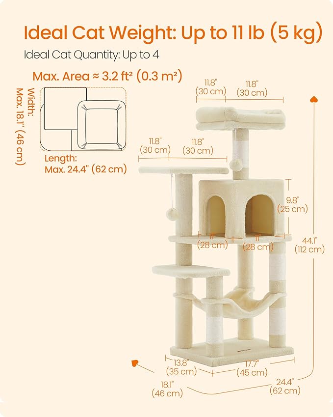 Feandrea Cat Tree, 44.1-Inch Cat Tower, Plush Multi-Level Condo with 4 Scratching Posts, 2 Perches, Hammock, Cave, Beige UPCT261M01