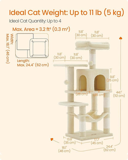 Feandrea Cat Tree, 44.1-Inch Cat Tower, Plush Multi-Level Condo with 4 Scratching Posts, 2 Perches, Hammock, Cave, Beige UPCT261M01