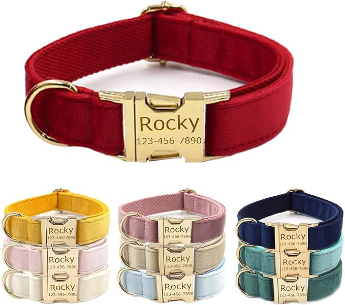 Personalized Velvet Dog Collars with Pet Name Phone Number Engraved, Custom Adjustable Soft Collar with Metal Buckle for Small Medium Large Dogs, Dog Leash and Bow Tie Available -Red