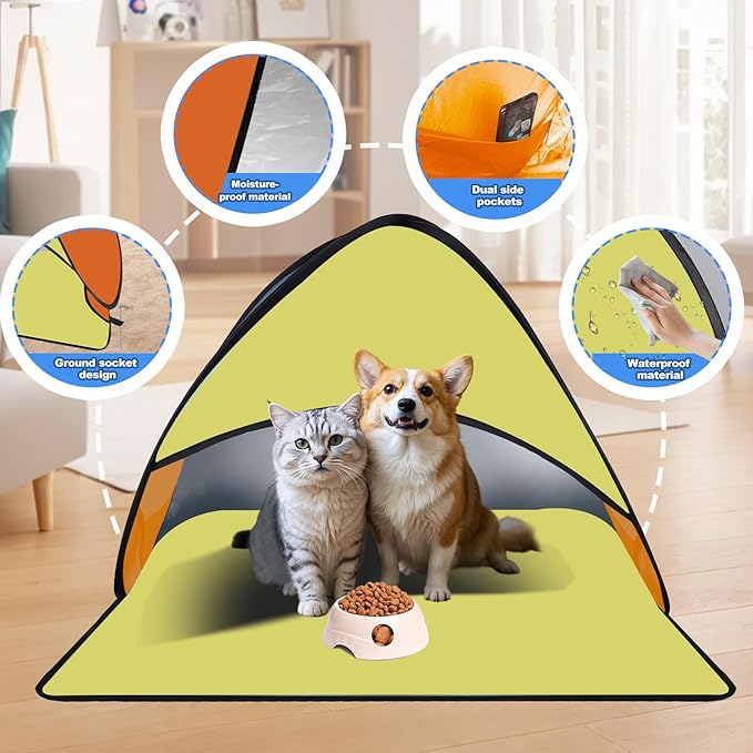 Beach Tent for Dog Pet Shade Pop Up Portable Mini Head Sun Shelters Canopy for Camping Outdoor Hiking Picnic Windproof Waterproof with Tent Nails Phone Stand for Puppy Cat Small Animals(Yellow orange)