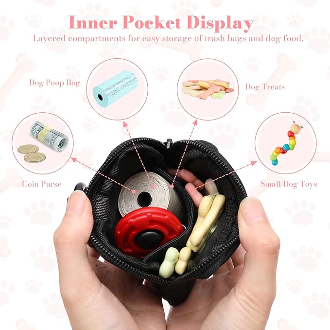 Dog Treat Pouch with Training Clicker,Waterproof Nylon Fabric Poop Bag Holders for Leashes,Hands Free Small Dog Walking Bag with Carabiner, Pet Puppy Training Walking Essentials (Black)